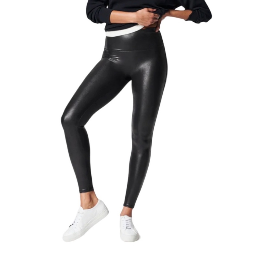 SPANX Black Faux Leather Leggings Size M‎ High Waist Vegan